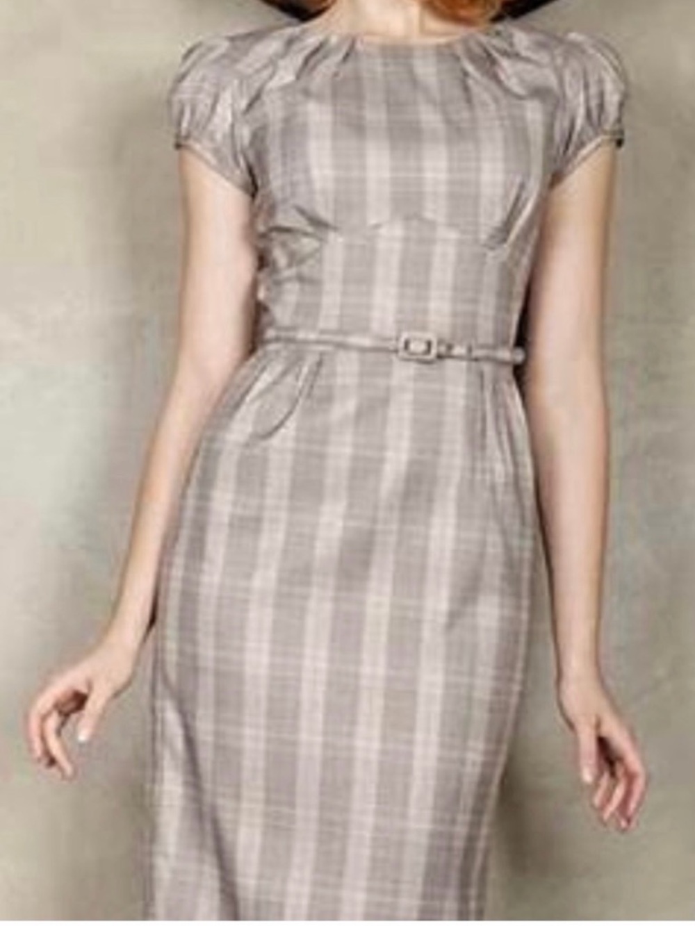 Stop Staring! Brown Plaid Puff Sleeve Wiggle Sheath Dress Large Retro Pinup
